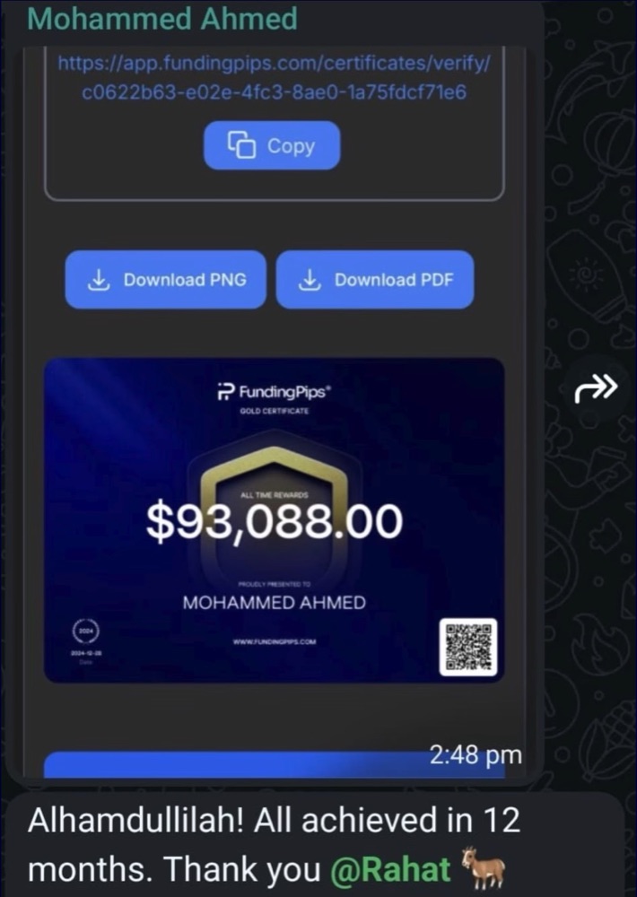 FundingPips Gold certificate showing $93,088 all-time rewards for Mohammed Ahmed