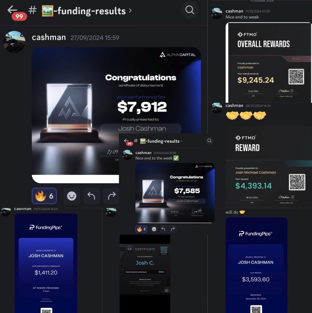 Alpha Capital and FTMO certificates for Josh Cashman including $7,912 and $9,245