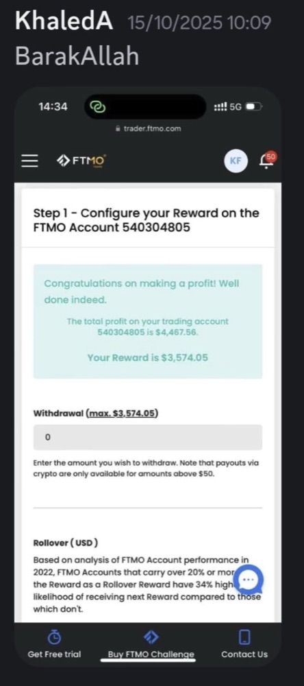 FTMO reward screen showing $3,574.05 available for Khaled