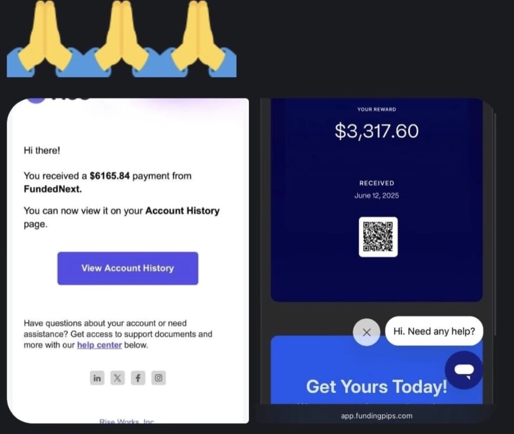 FundedNext payment confirmations for $6,165.84 and $3,317.60
