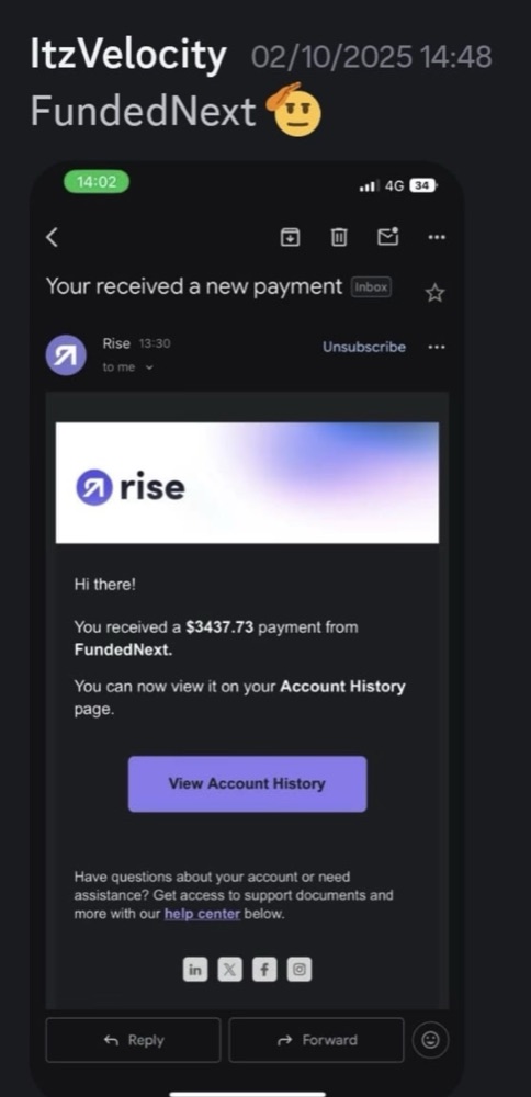 FundedNext payment confirmation of $3,437.73