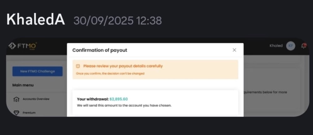 FTMO payout confirmation of $2,895.60 for Khaled