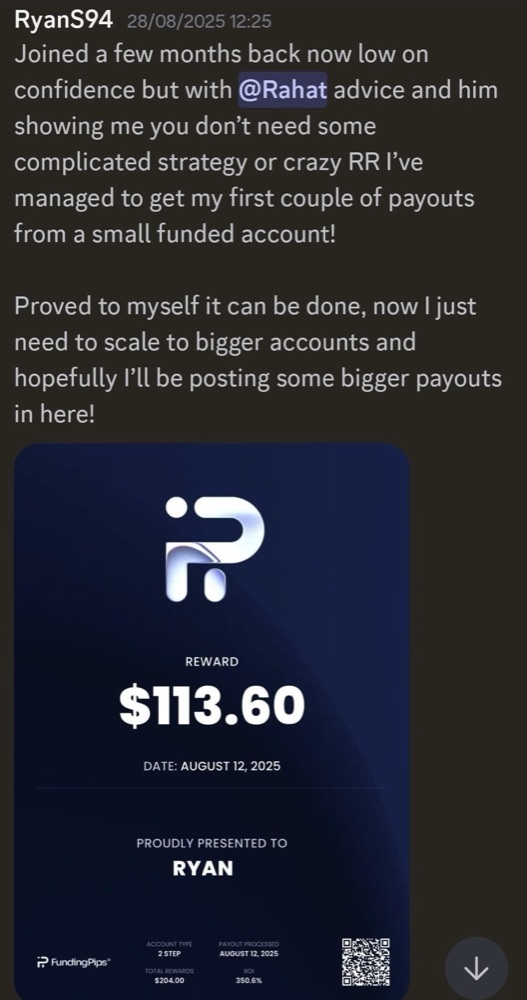 Message from Ryan describing his first payouts alongside a FundingPips certificate