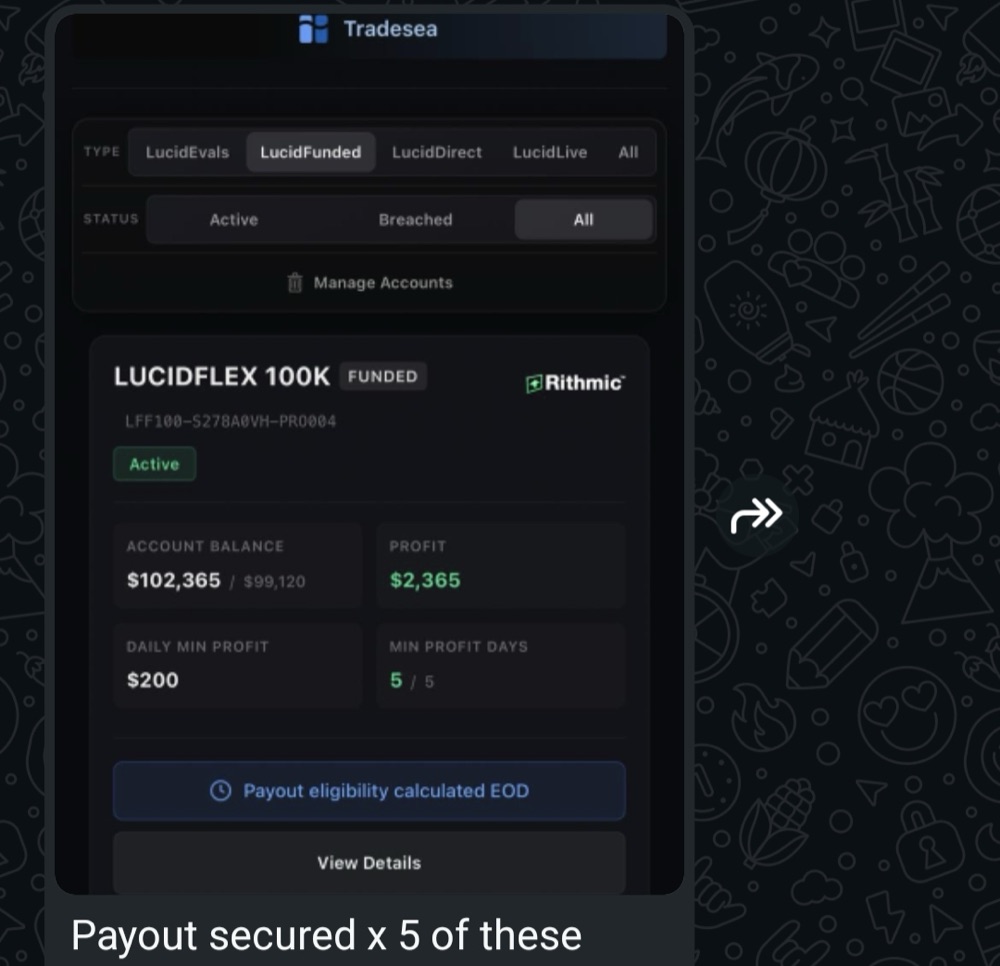 LucidFlex 100K funded account showing $102,365 balance and $2,365 profit