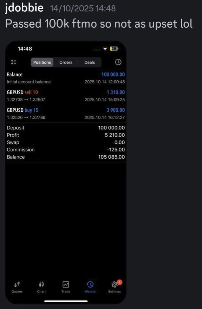 MT5 account history showing a passed $100k FTMO challenge with $5,210 profit