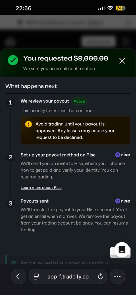Tradeify payout confirmation showing a $9,000 request