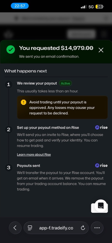 Tradeify payout confirmation showing a $14,979 request
